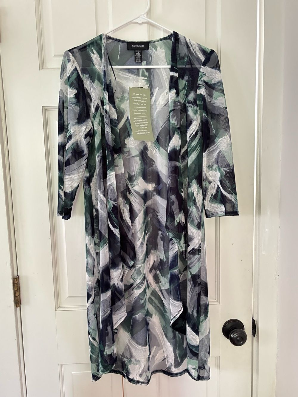 R&M Richards Chiffon Green Black White Abstract Print Open Cardigan